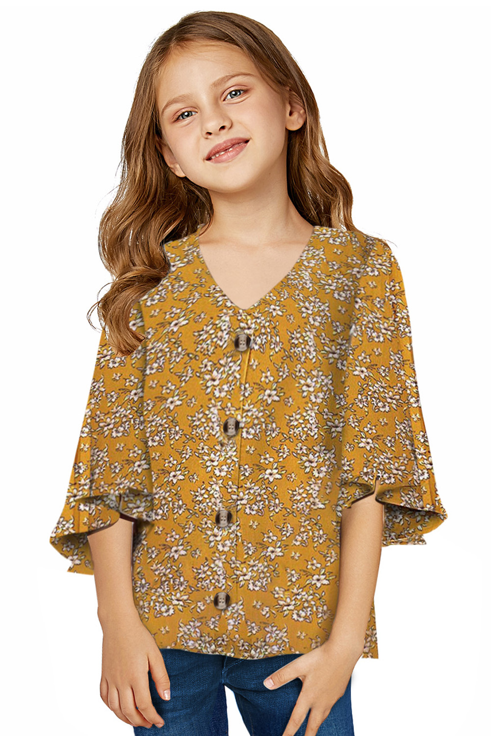 Yellow Floral V Neck Ruffled Sleeve Buttons Girl's Blouse