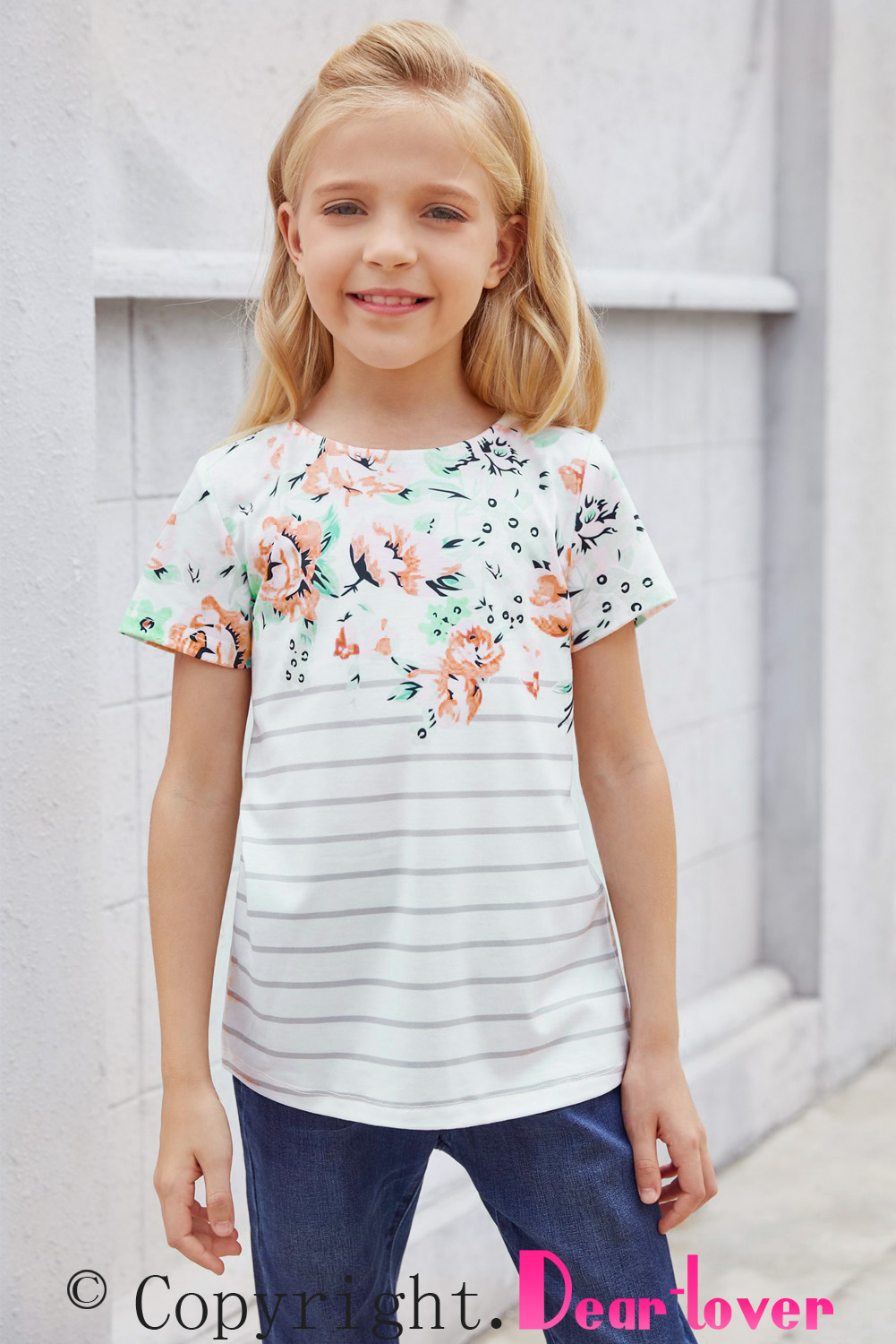 White Round Neck Floral Striped Print Kid's Tee