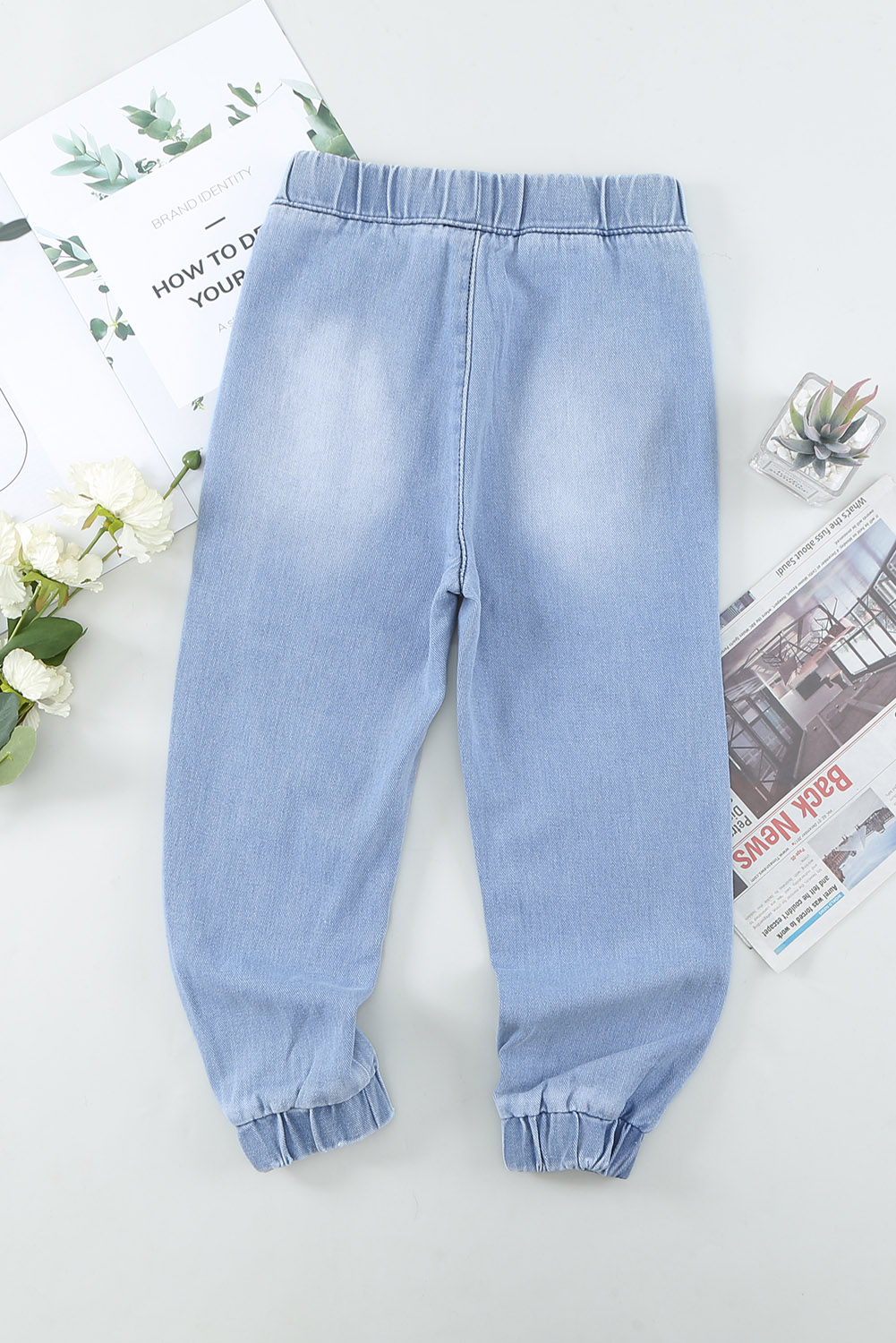 Light Blue Distressed Pocketd Little Girl Denim Joggers