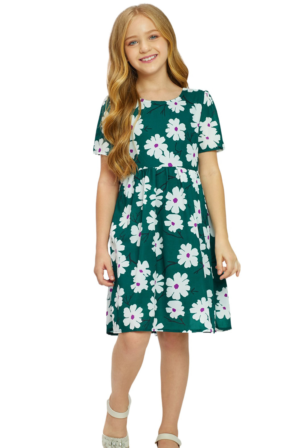 Green Crewneck Short Sleeve Pockets Floral Girl's Midi Dress