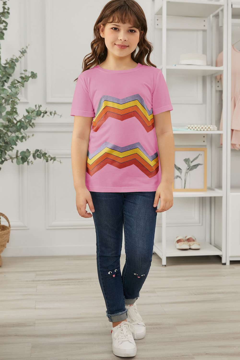 Pink Colorblock Striped Girls' T-Shirt