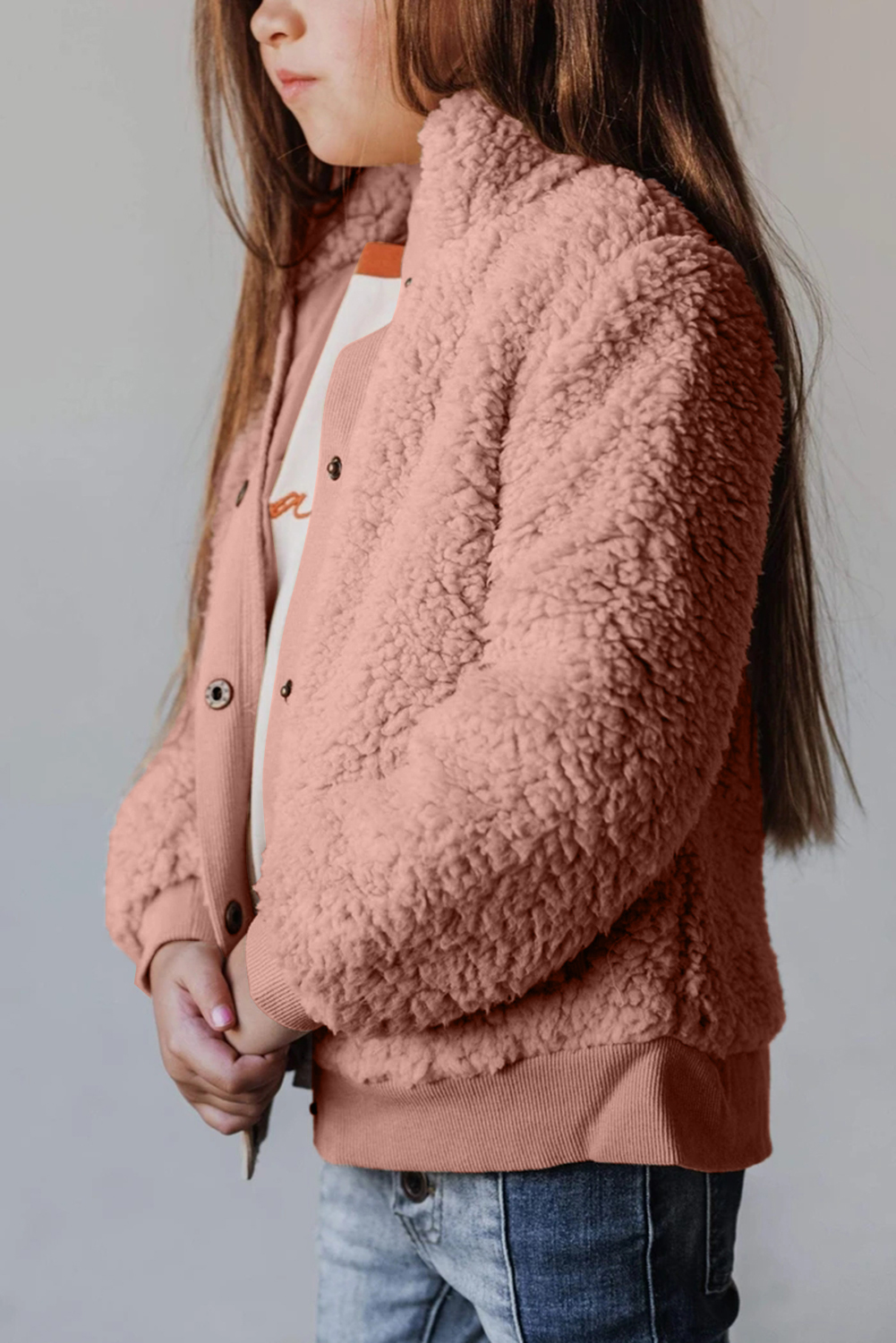 Pink Buttoned Solid Fleece Girl's Coat