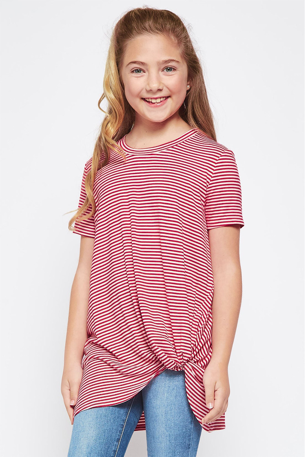 Red Short Sleeve Front Twist Striped Girl's Top