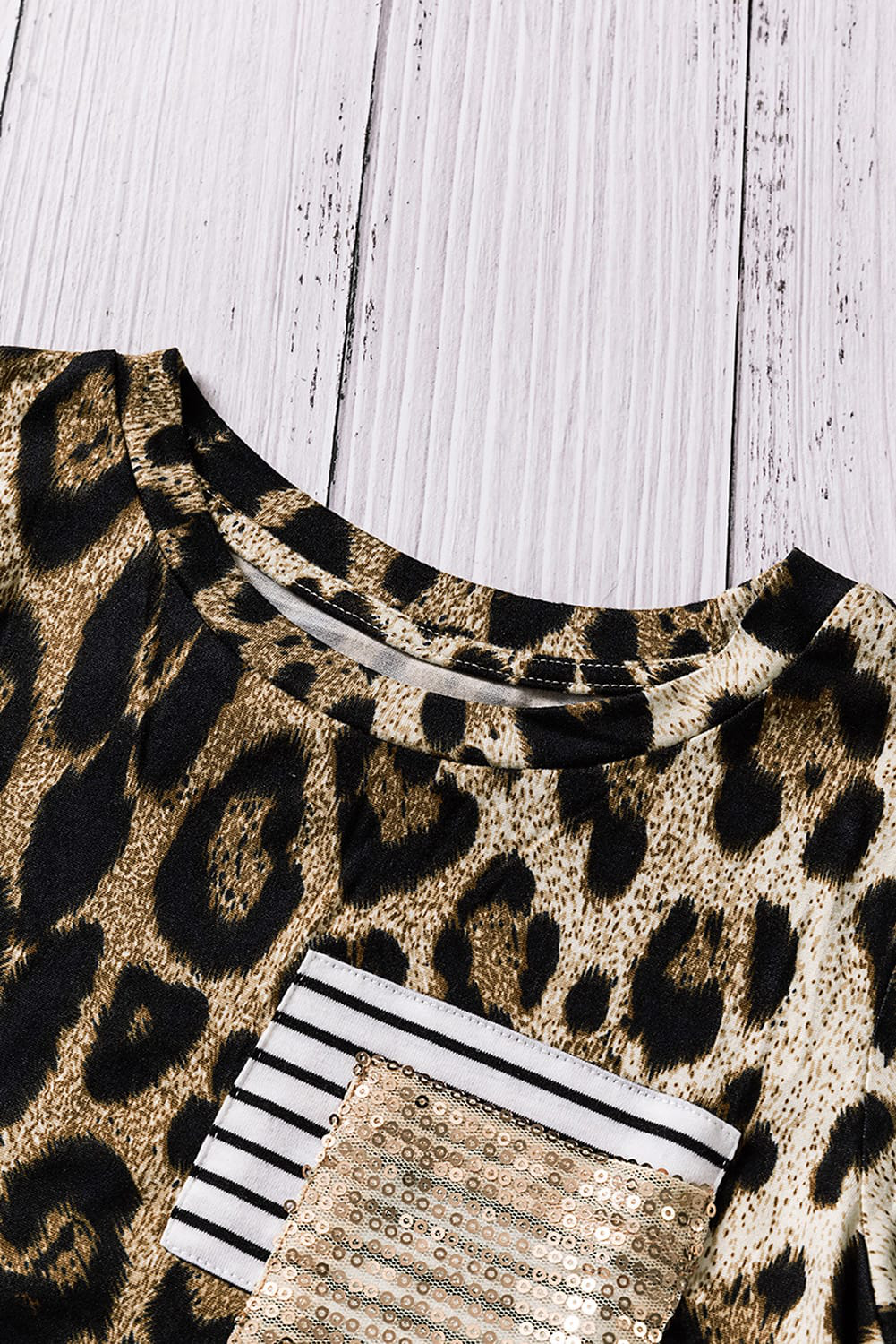 Leopard Stripe Patchwork Sequin Pocket Long Sleeve Girl's Top