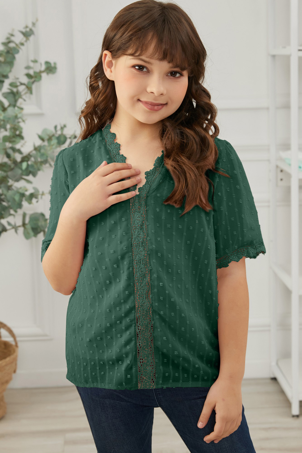 Green Swiss Dot Lace Short Sleeve Girls Top