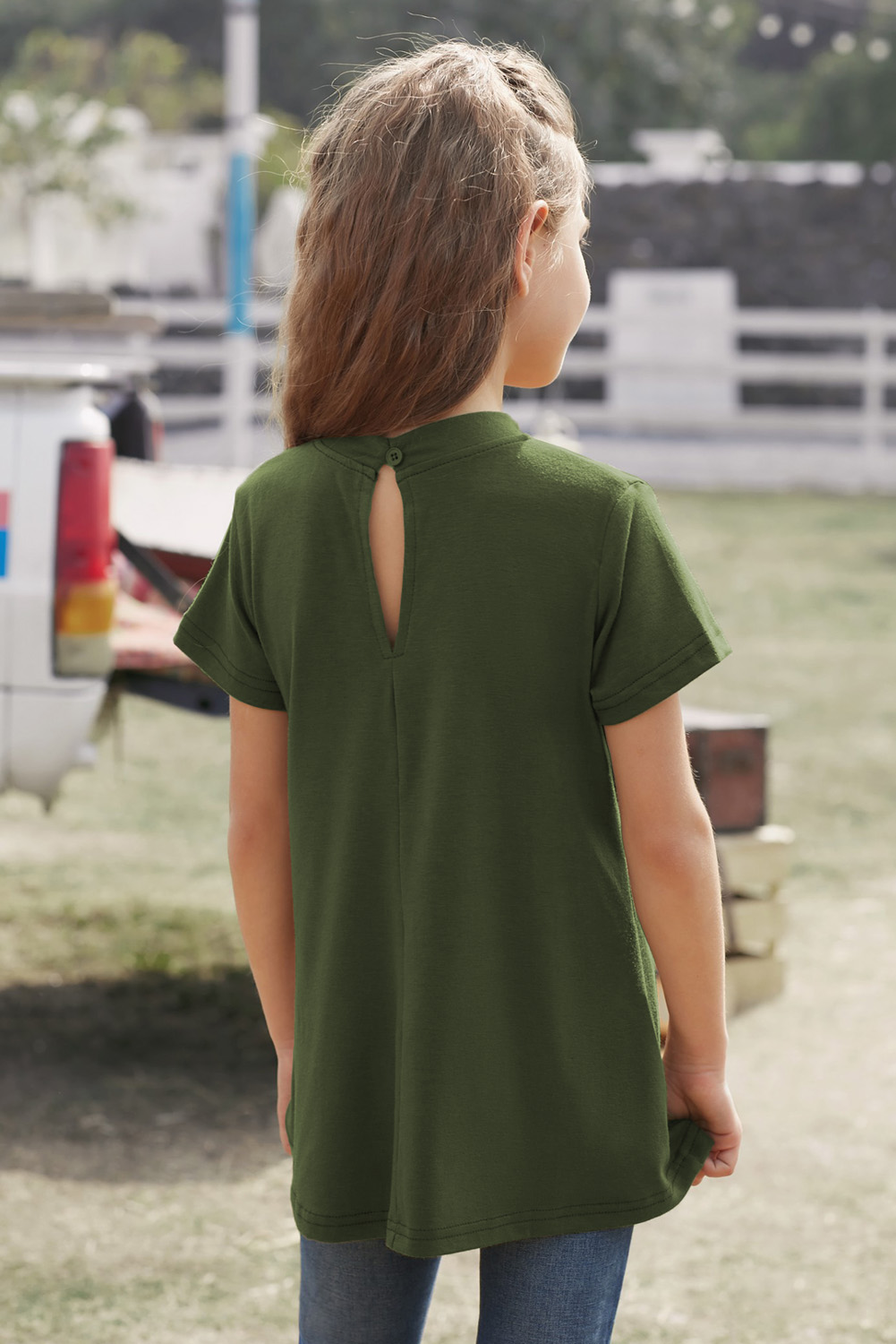 Green Keyhole Girl’s Short Sleeves Top