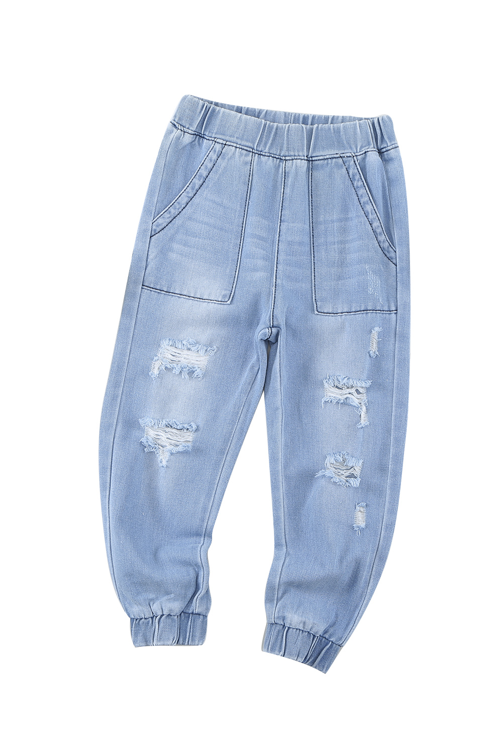 Light Blue Distressed Pocketd Little Girl Denim Joggers