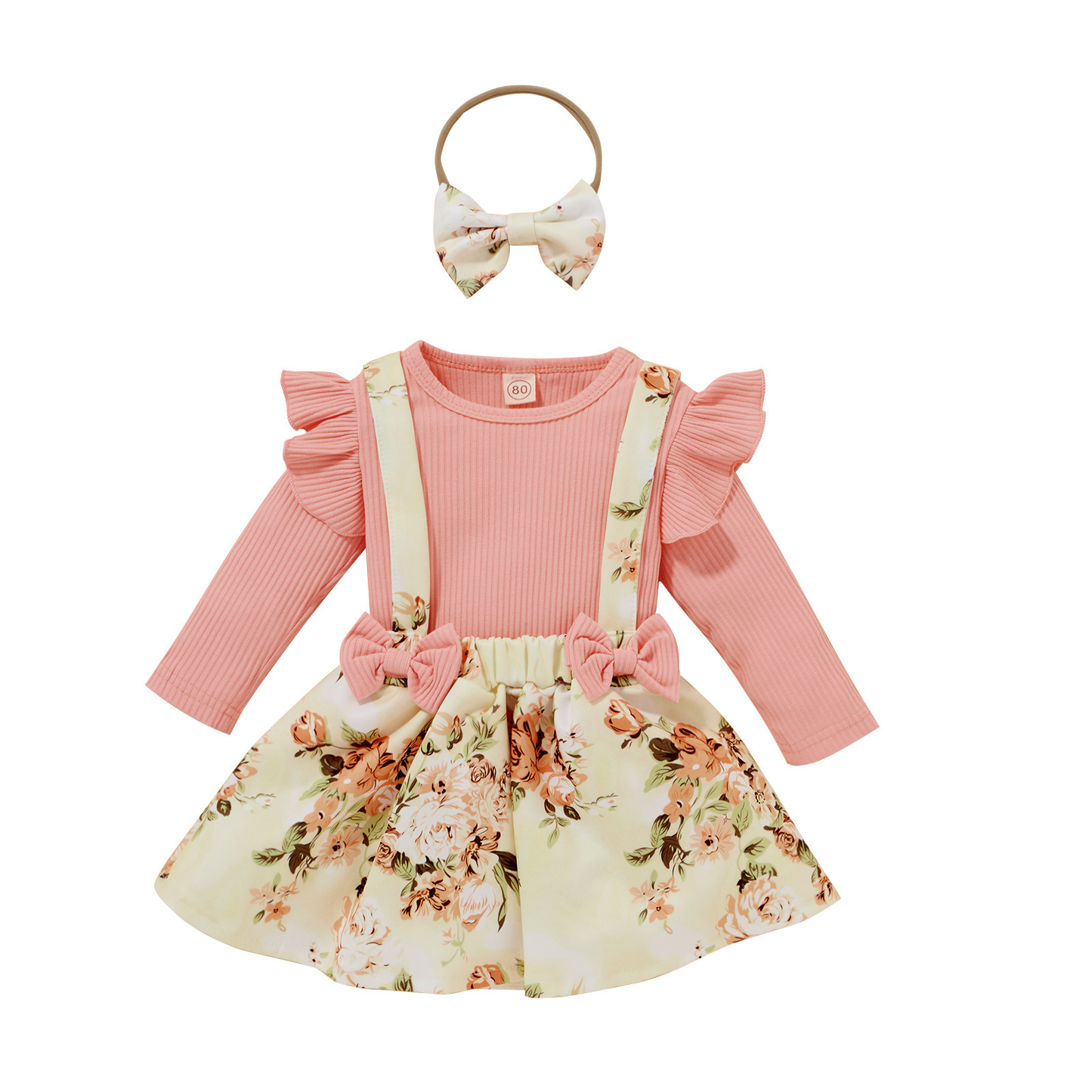 Girl's Ribbed Blouse & Floral Suspender Skirt Set With Headband