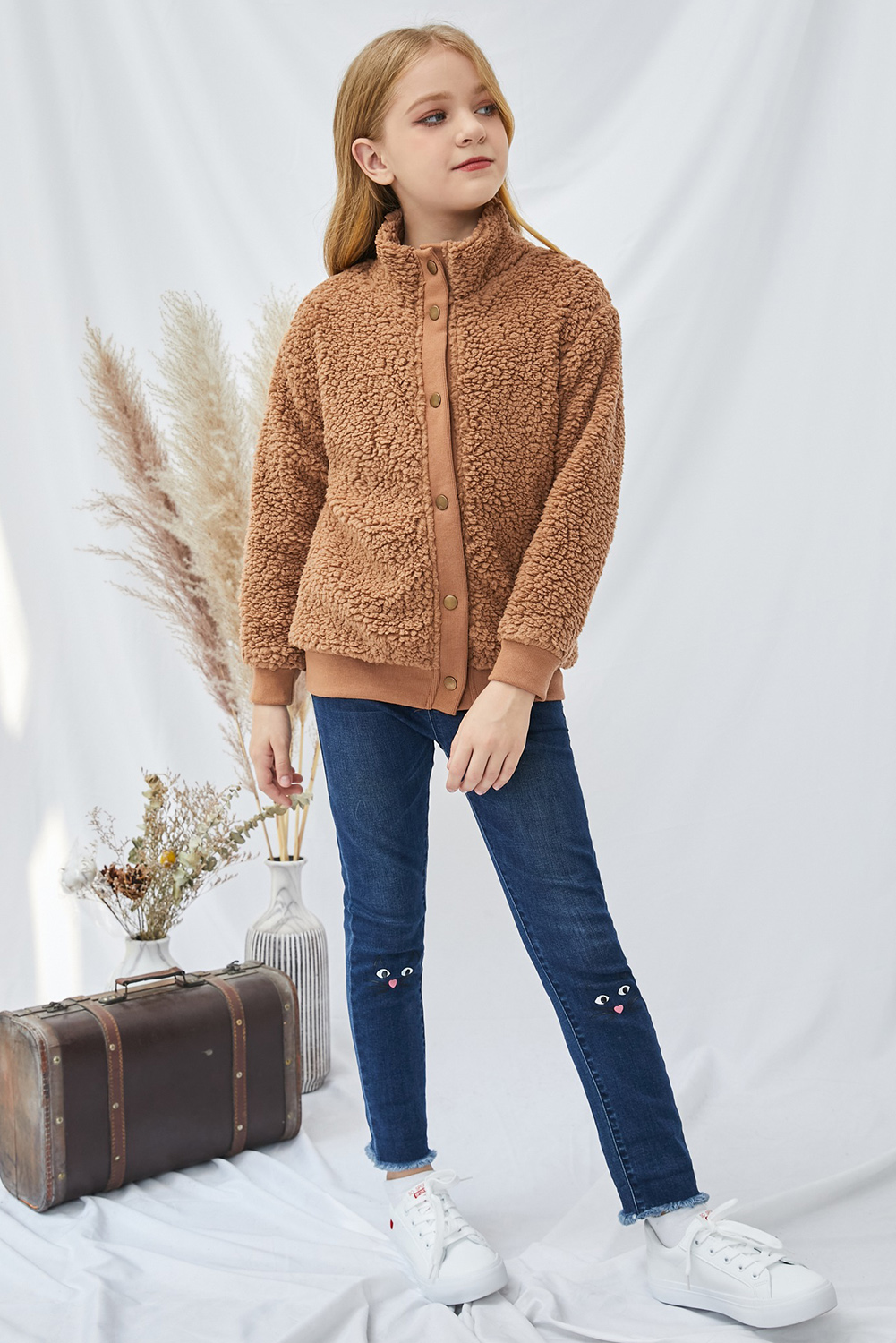 Brown Buttoned Solid Fleece Girl's Coat