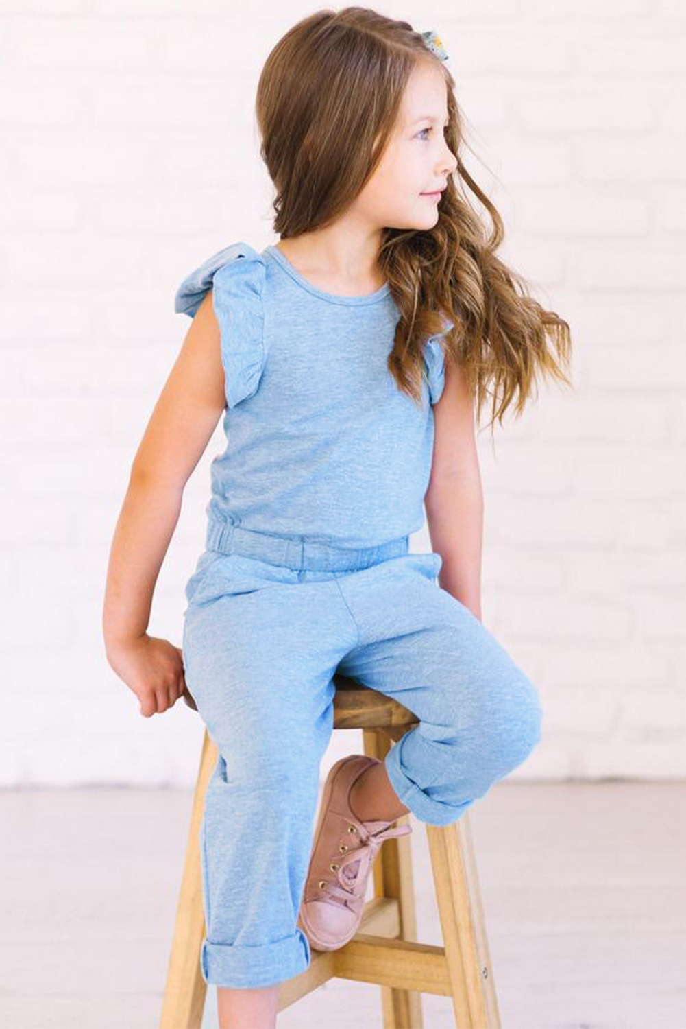 Sky Blue Little Girls Ruffled Shoulder Keyhole Back Jumpsuit With Pockets