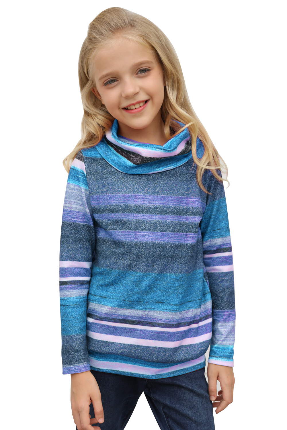 Sky Blue Cowl Neck Girl's Striped Sweatshirt