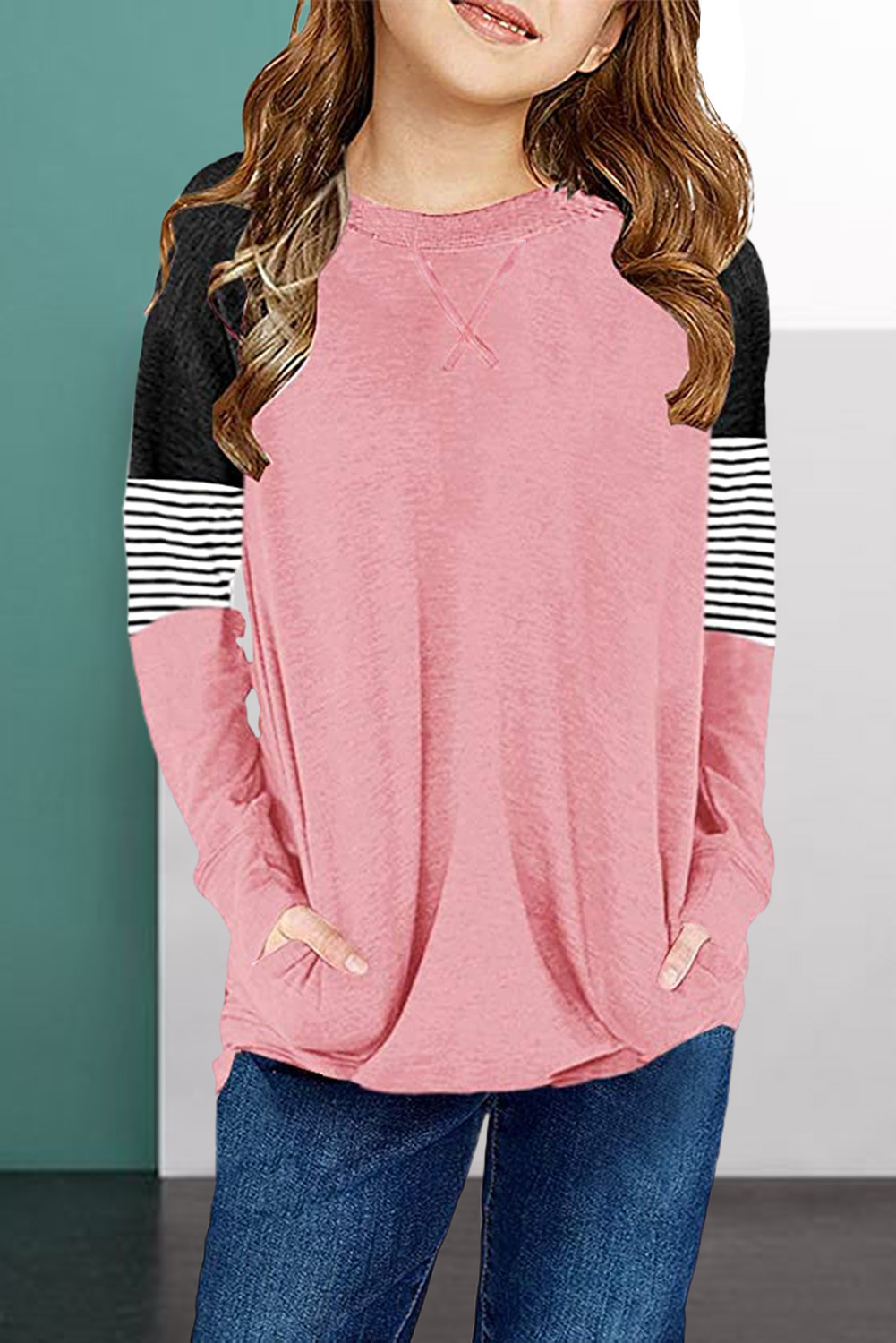 Pink Striped Colorblock Long Sleeve Girls Blouse With Pocket