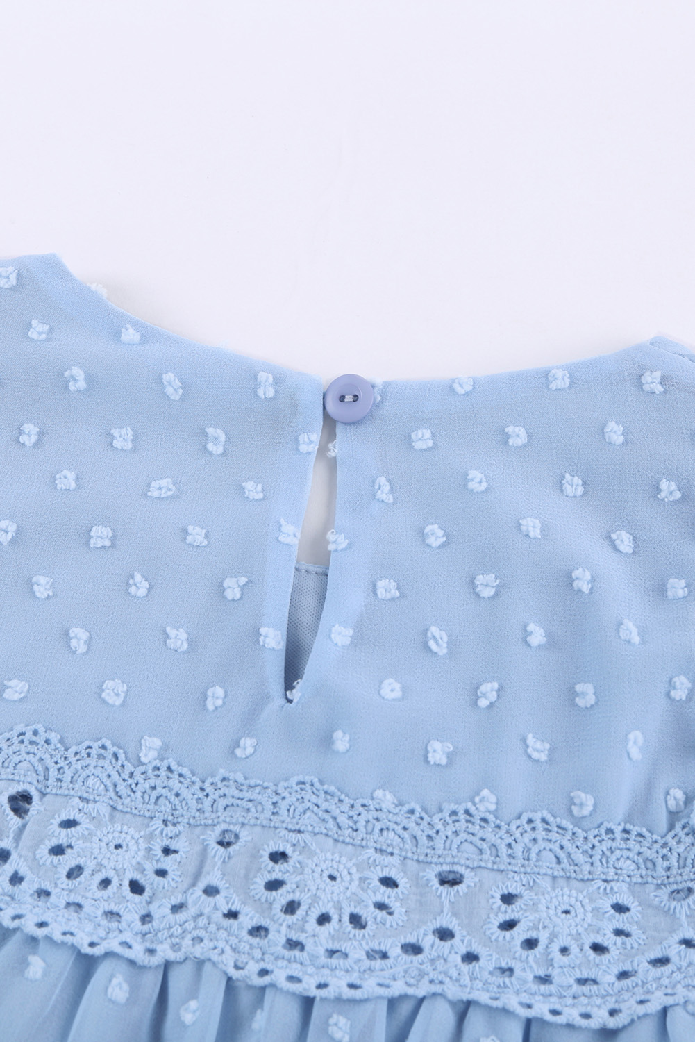 Sky Blue Swiss Dot Print Hollow Out Girl's Blouse