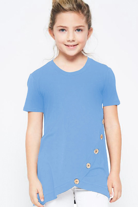 Sky Blue Buttoned Arched Hem Girls T-Shirt