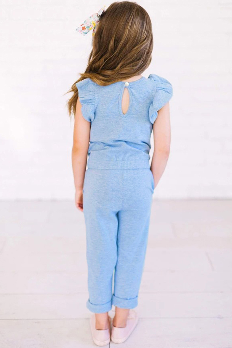 Sky Blue Little Girls Ruffled Shoulder Keyhole Back Jumpsuit With Pockets