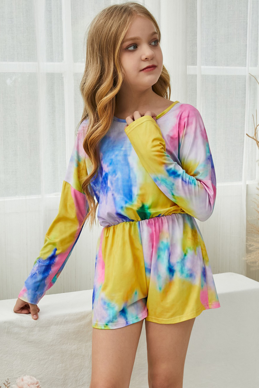 Yellow Long Sleeve Elastic Waist Tie-Dye Girl's Romper