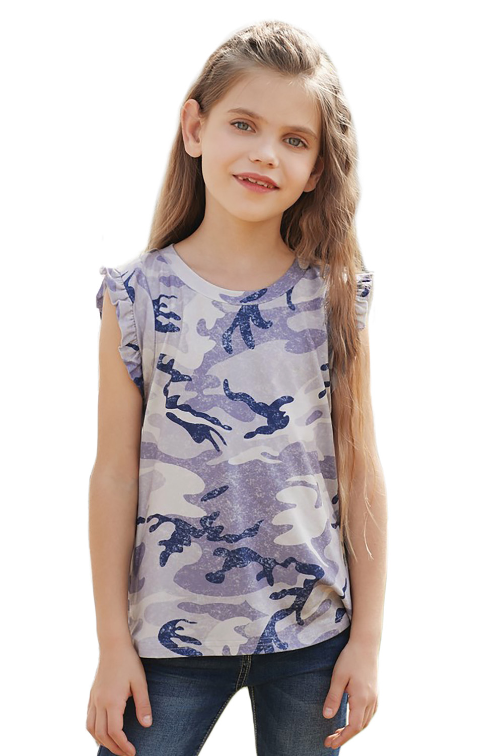 Gray Camo Print Flounced Armholes Little Girls' Tank