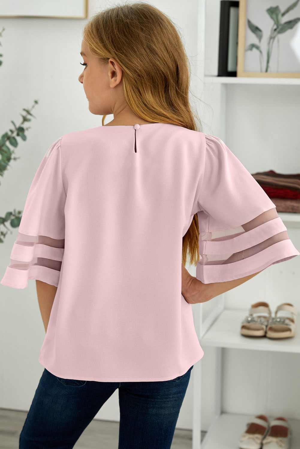 Pink Girl's 3/4 Bell Sleeve Mesh Panel Blouse