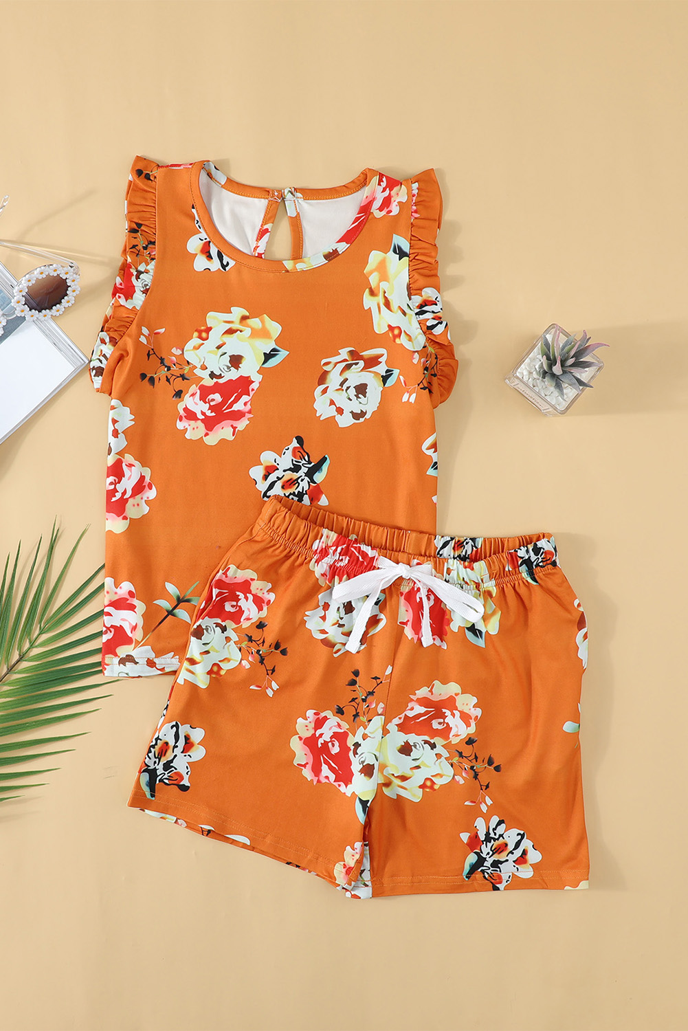 Orange Little Girl Floral Ruffle Tank And Shorts Set