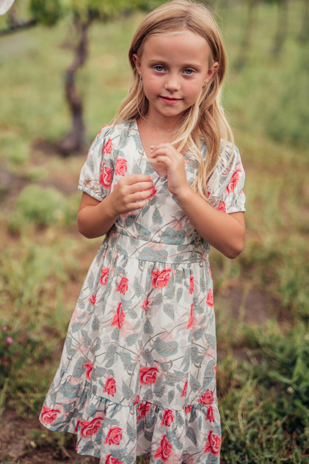 Red Little Girls Painted Rose Floral Dress