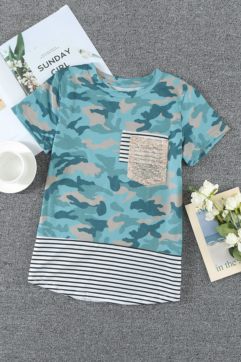 Green Camo Print Splicing Stripes Girls' T-Shirt