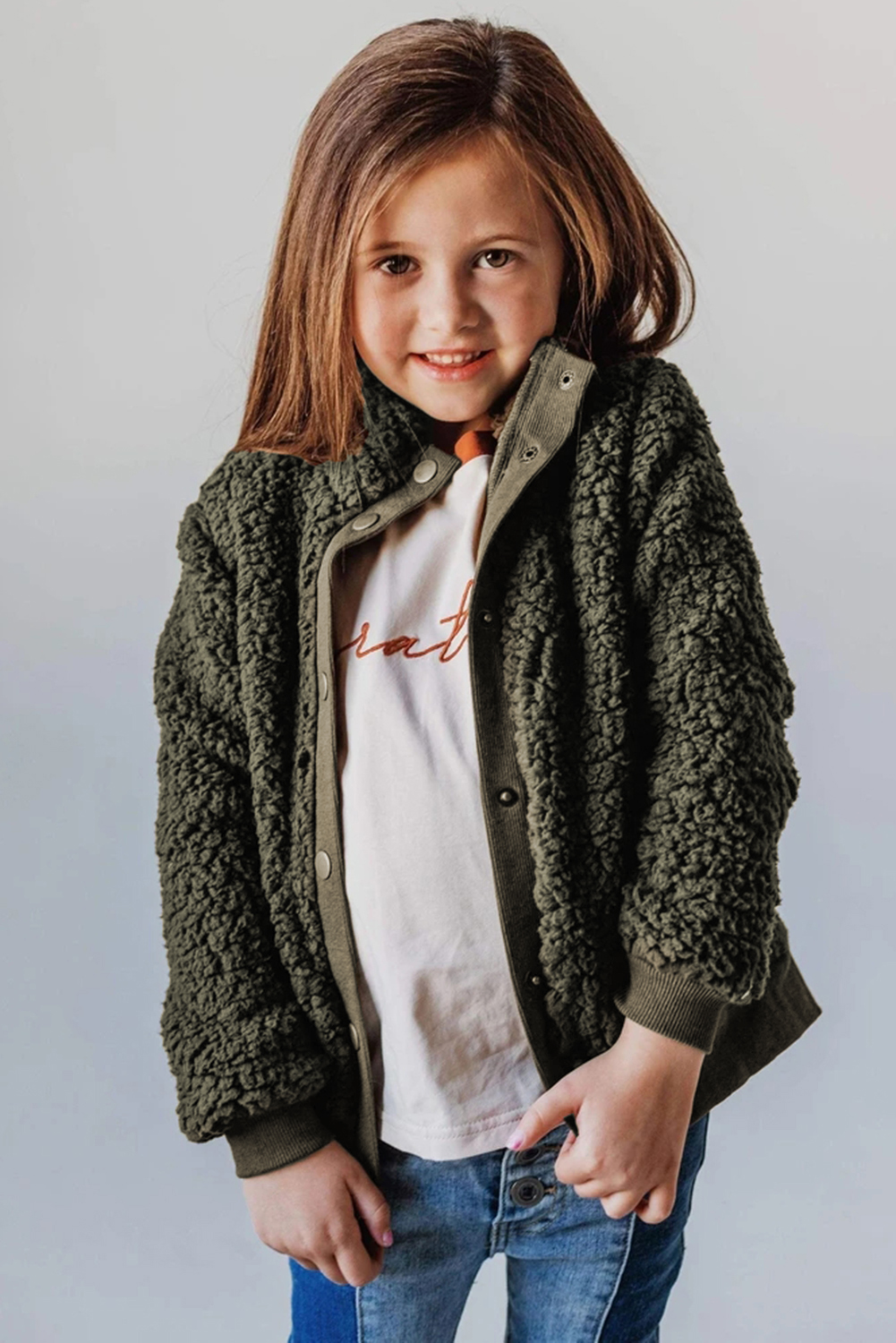 Green Buttoned Solid Fleece Girl's Coat