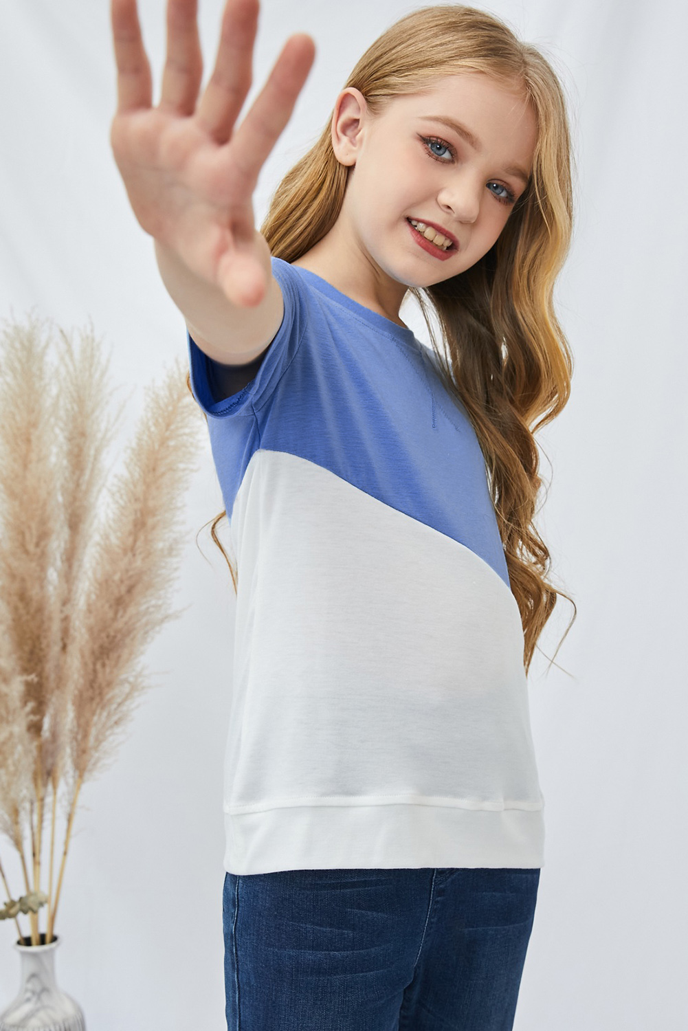 Sky Blue Colorblock Splicing Little Girl Tee