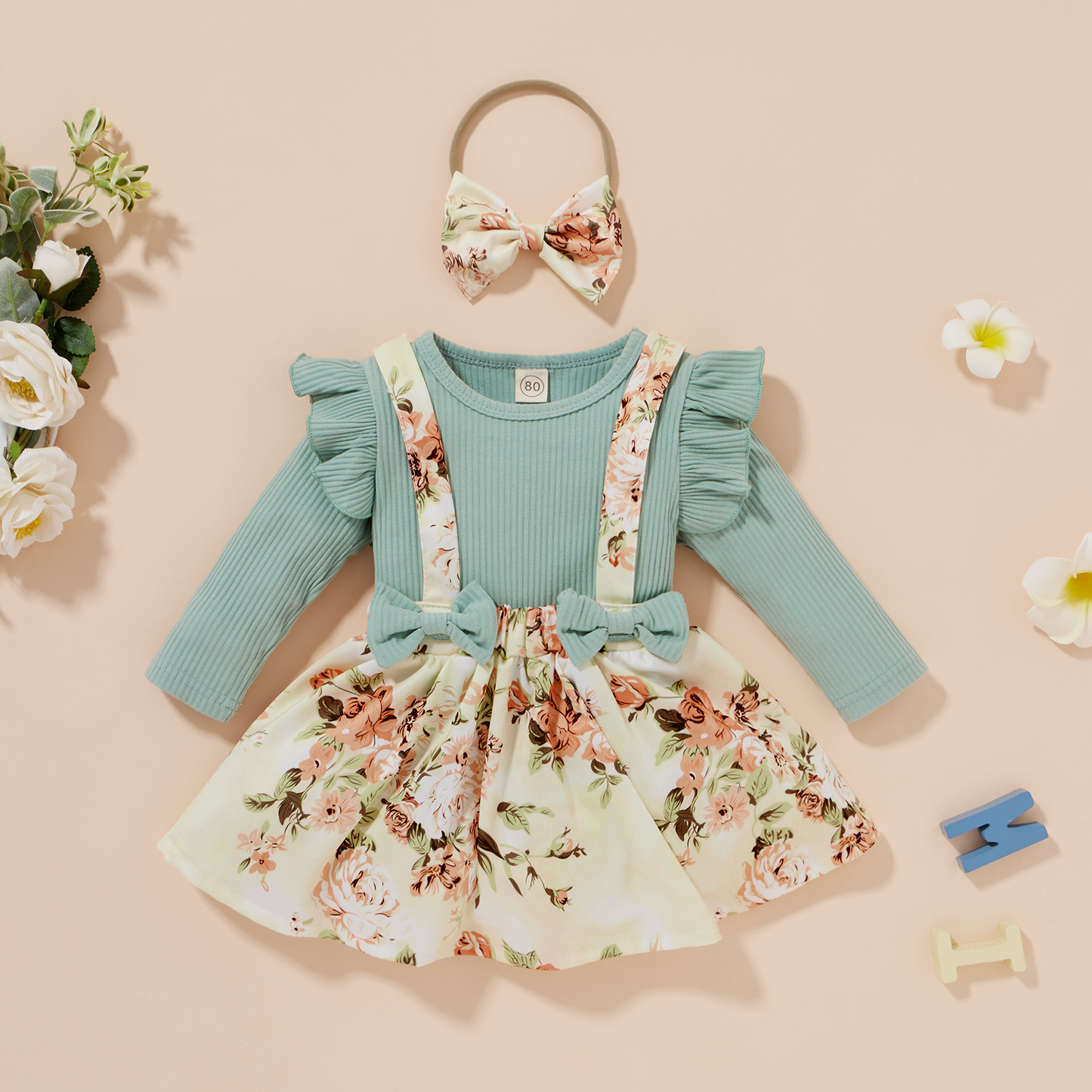 Girl's Ribbed Blouse & Floral Suspender Skirt Set With Headband