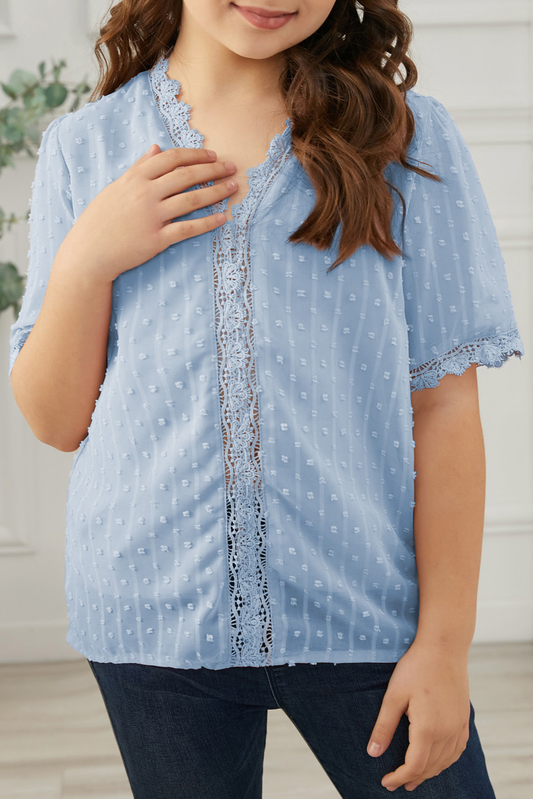 Sky Blue Swiss Dot Lace Short Sleeve Girls Top