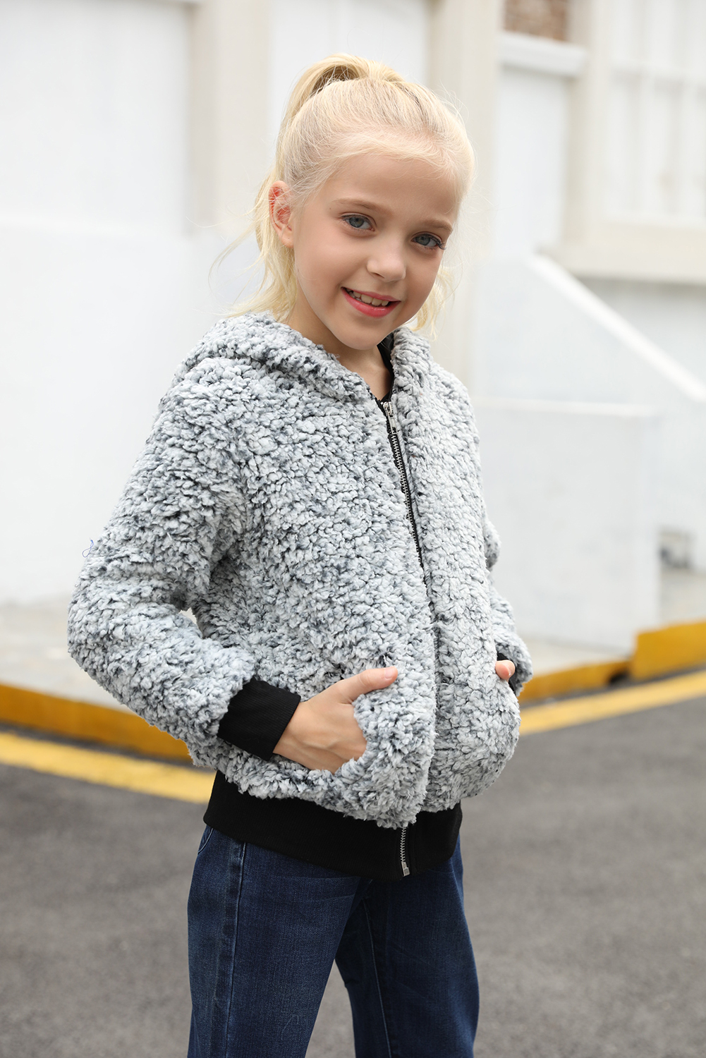 Gray Girls' Faux Fur Bomber Jacket