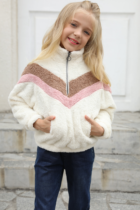 White Stripe Color Block Half Zip Girl Fleece Sweatshirt With Pocket