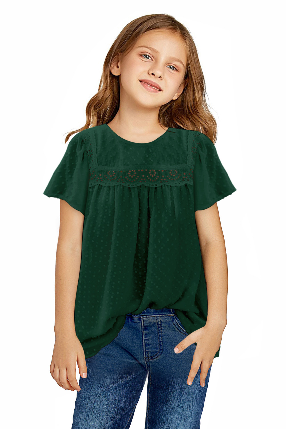 Green Swiss Dot Print Hollow Out Girl's Blouse