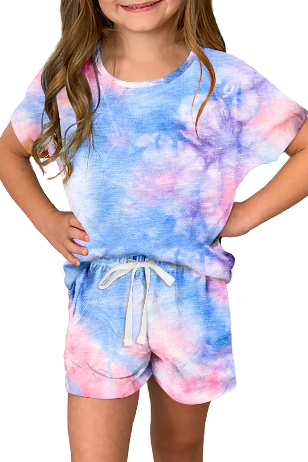 Sky Blue Girl's Tie Dye T Shirt And Drawstring Shorts Set