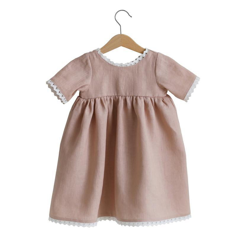 Girls Solid Color Linen Cotton Lace Pleated Dress