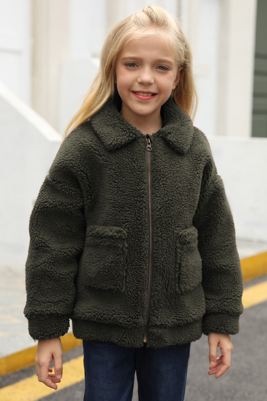 Green Lapel Zipper Pockets Girl's Sherpa Coat