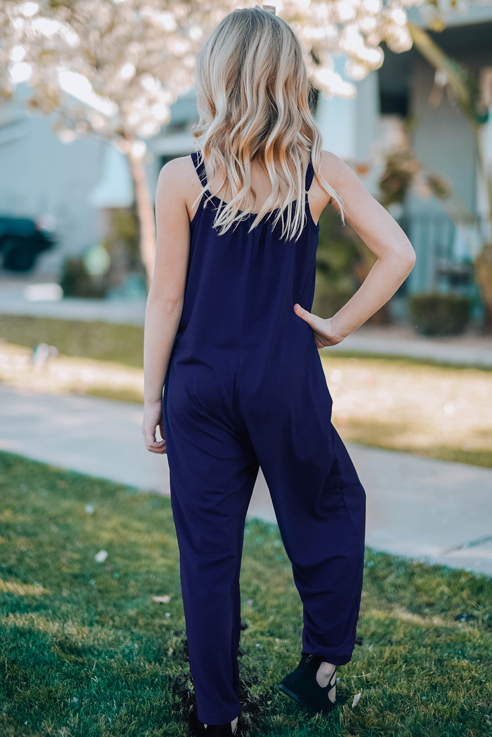 Blue Spaghetti Strap Wide Leg Girl's Jumpsuit With Pocket