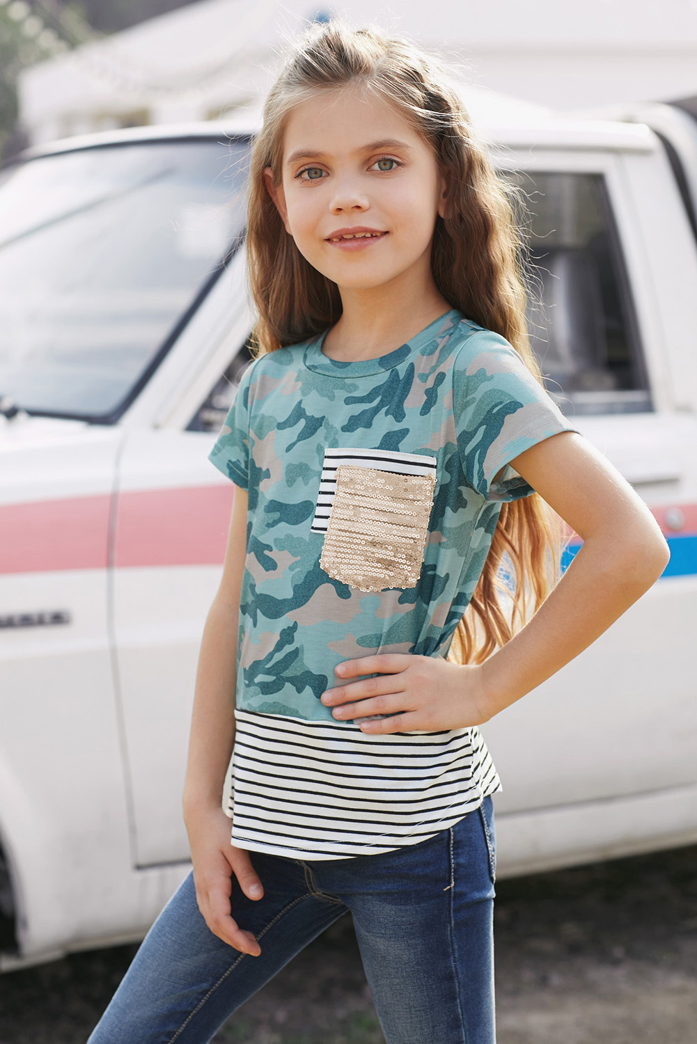 Green Camo Print Splicing Stripes Girls' T-Shirt