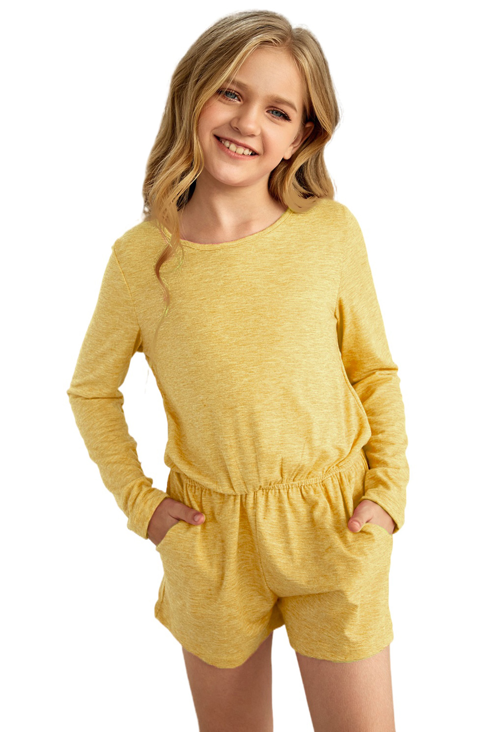 Yellow Solid Color Long Sleeve Elastic Waist Pocket Girl’s Romper