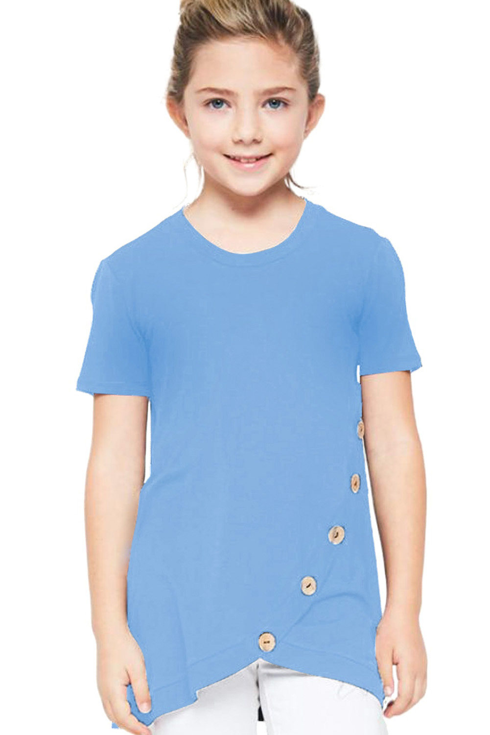 Sky Blue Buttoned Arched Hem Girls T-Shirt