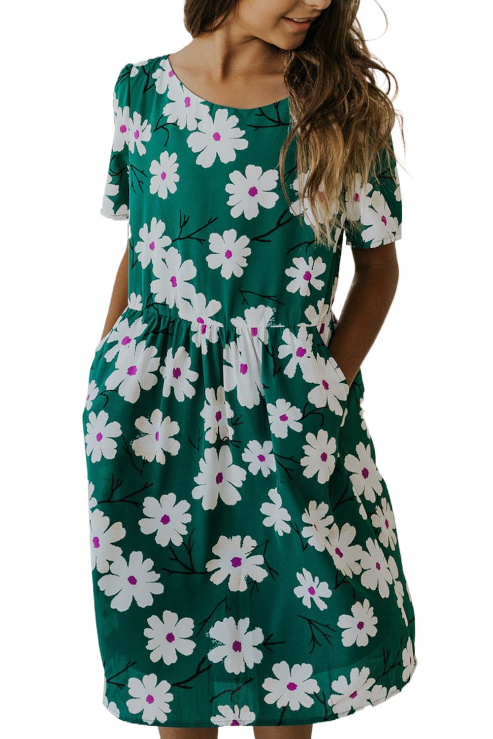 Green Crewneck Short Sleeve Pockets Floral Girl's Midi Dress