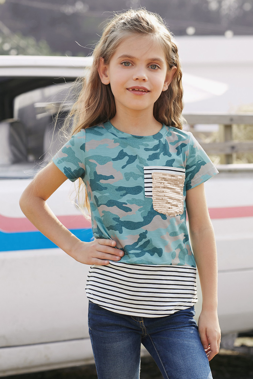 Green Camo Print Splicing Stripes Girls' T-Shirt