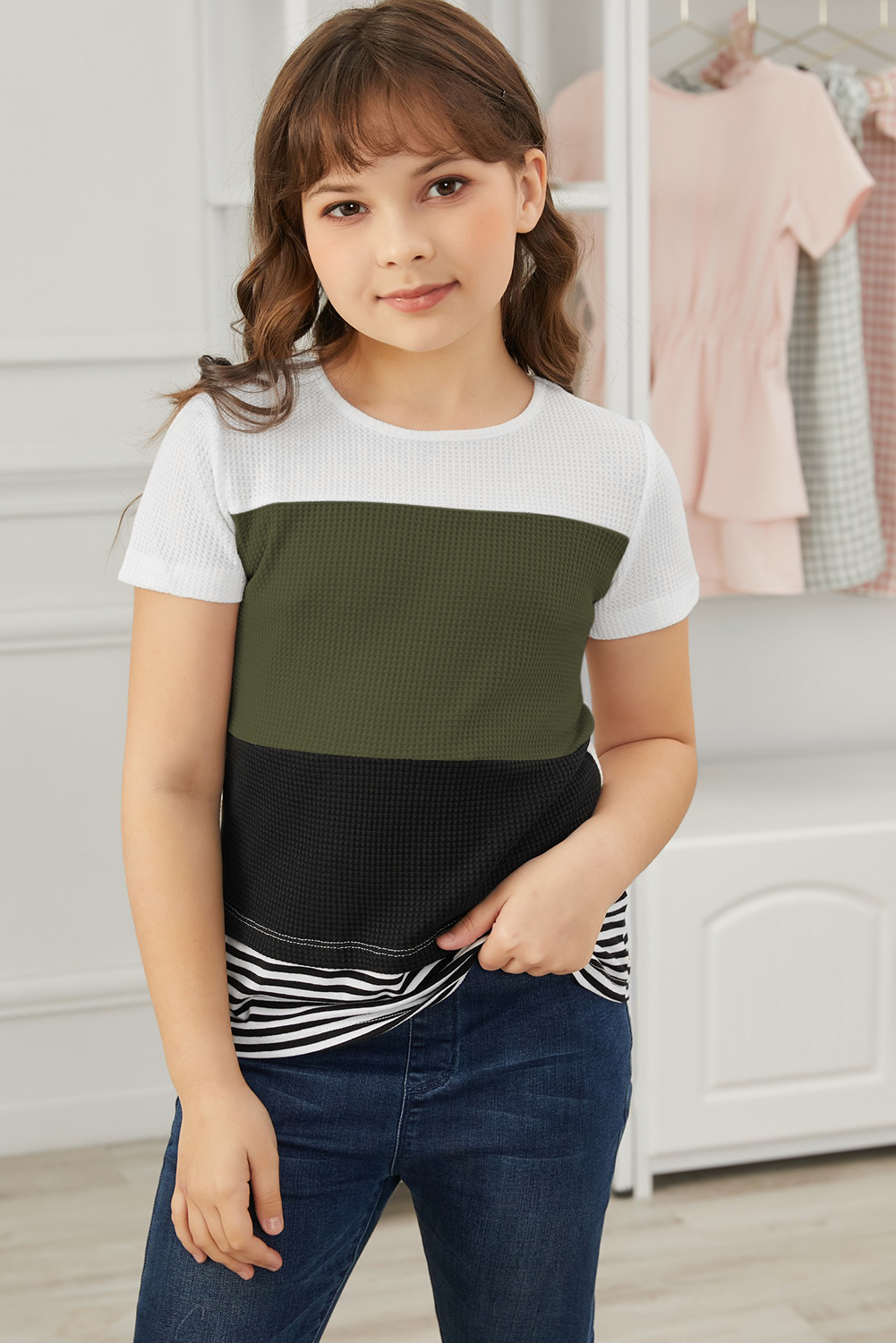 Green Parent-Child Colorblock Striped Girls' T-Shirt