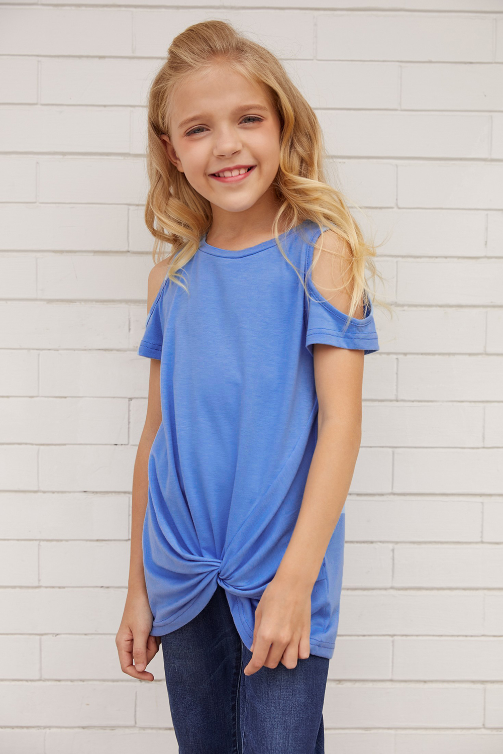 Sky Blue Cold Shoulder Twist Girls Short Sleeves Top