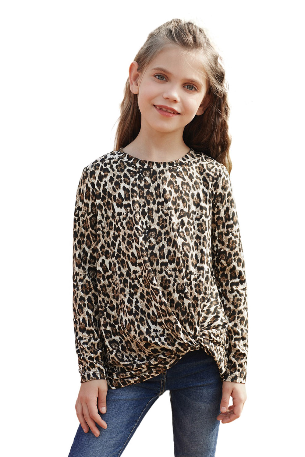 Leopard Print Side Knot Girls' Long Sleeve Top