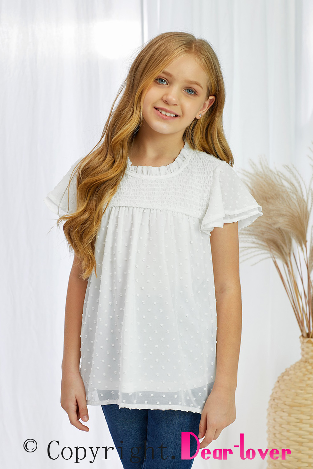 White Little Girl Swiss Dot Ruffle Sleeves Top