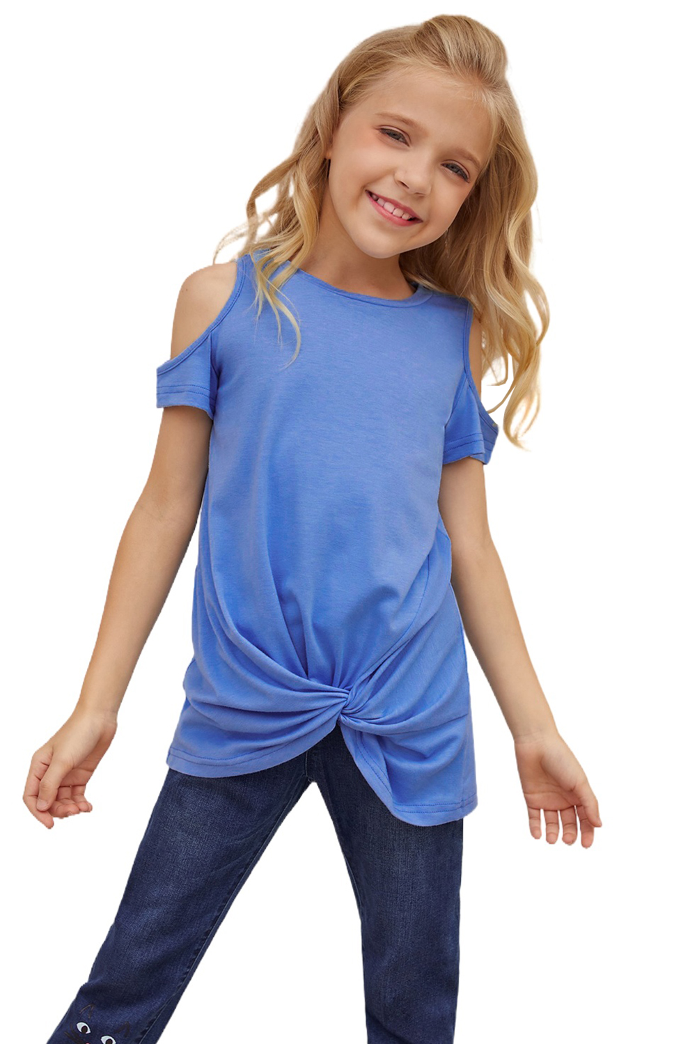 Sky Blue Cold Shoulder Twist Girls Short Sleeves Top