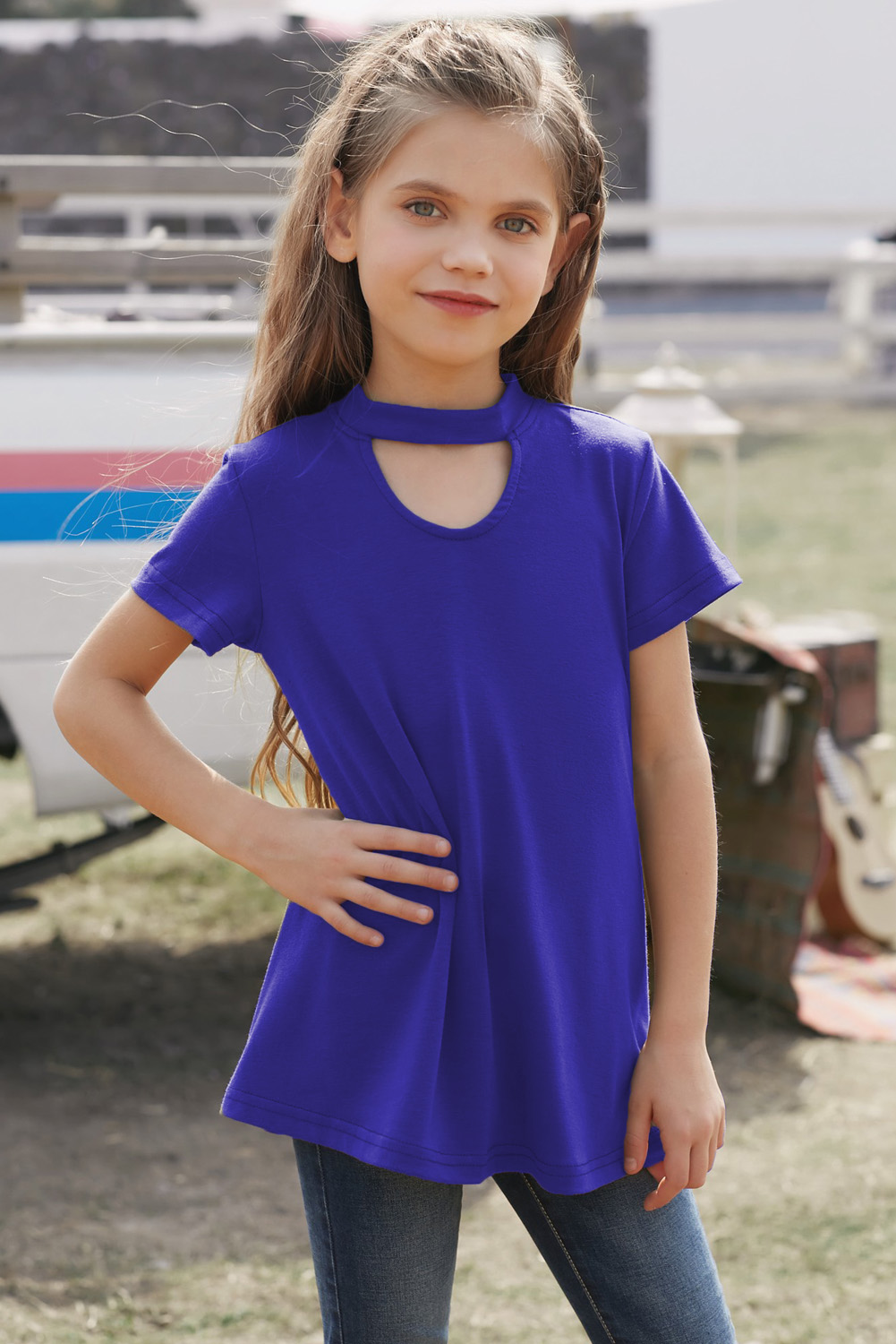 Blue Keyhole Girl’s Short Sleeves Top