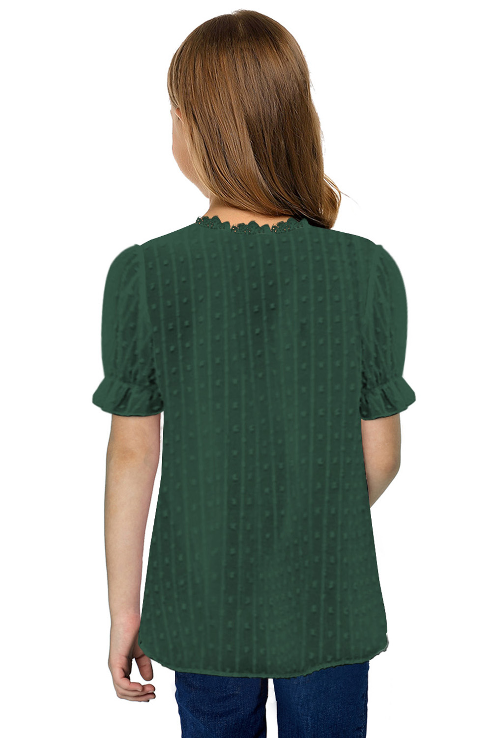 Green Swiss Dot Lace Short Sleeve Girls Top