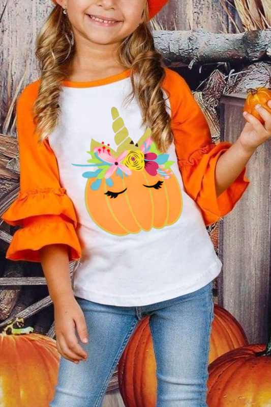 Pumpkin Print Colorblock Ruffled 3/4 Sleeve Girl's Shirt