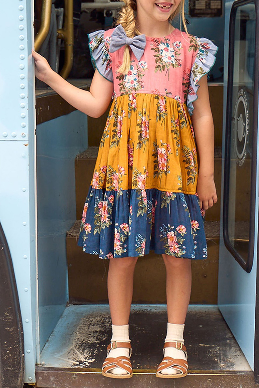 Multicolor Little Girl Colorblock Floral Print Ruffles Pleated Midi Dress